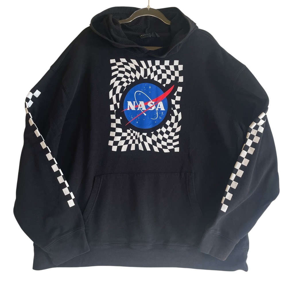 Mad Engine NASA Hoodie Black Unisex XL Space Graphic Checkered Sleeves Pullover
